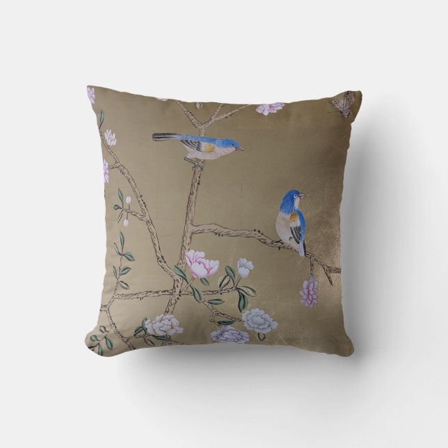 Två Blue Birds & Peony Oriental Botanical Kudde (Framsida)