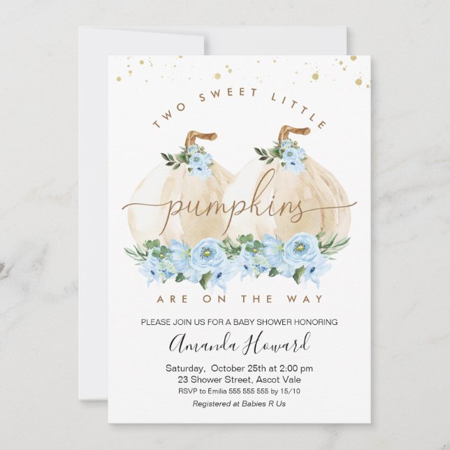 Två Blue Boys Little Pumpkin Blommigt Baby Shower Inbjudningar (Framsida)