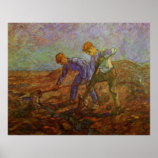 Två bönder gräver av Vincent van Gogh Poster (Framsidan)