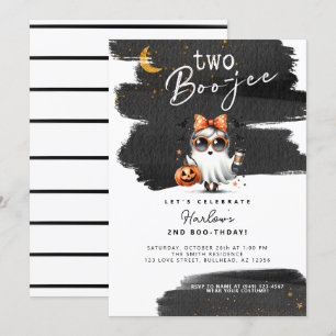Två Boo-jee Cute Ghost Halloween 2:a födelsedagen Inbjudningar