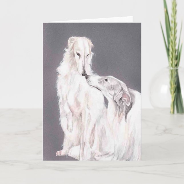 Två Borzoi Hund Art Hund-mappat gratulationskort Kort (Framsida)