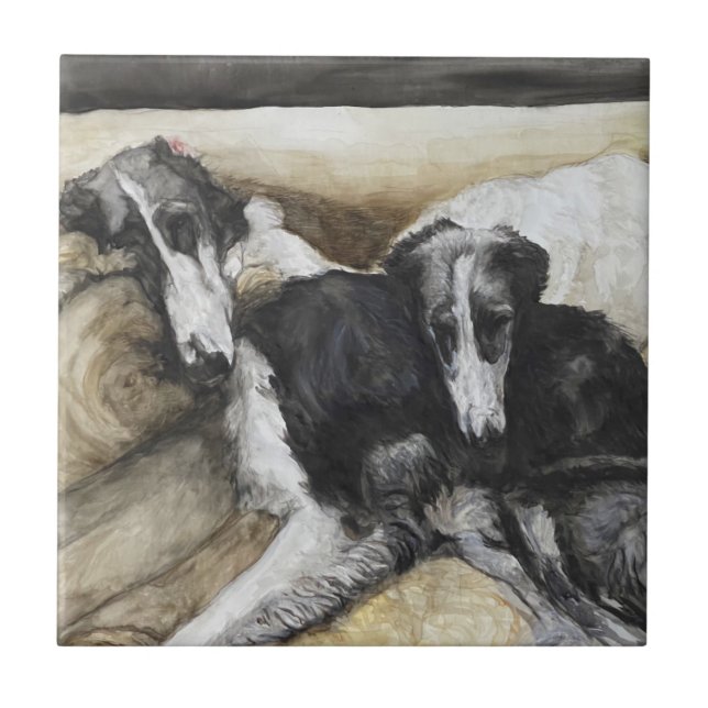 Två Borzoi ryska Wolfhound Hund Art Ceramic Tile Kakelplatta (Framsidan)