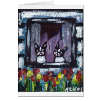 två bostons i fönster hälsningskort