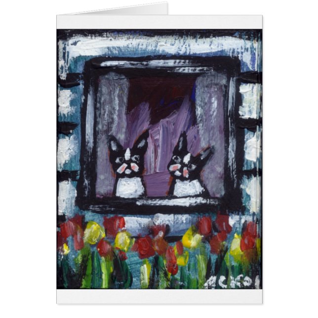 två bostons i fönster hälsningskort (Framsidan)