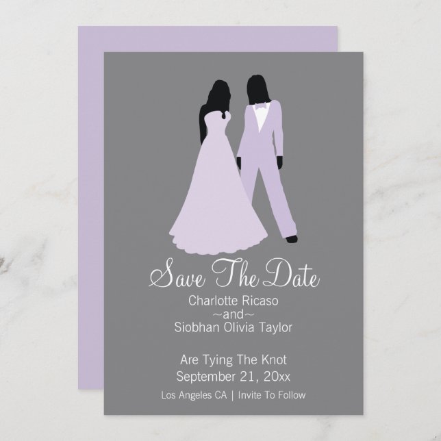 Två brider sparar datumet Bröllop (Lilac och Grått Meddelande (Fram/baksida)
