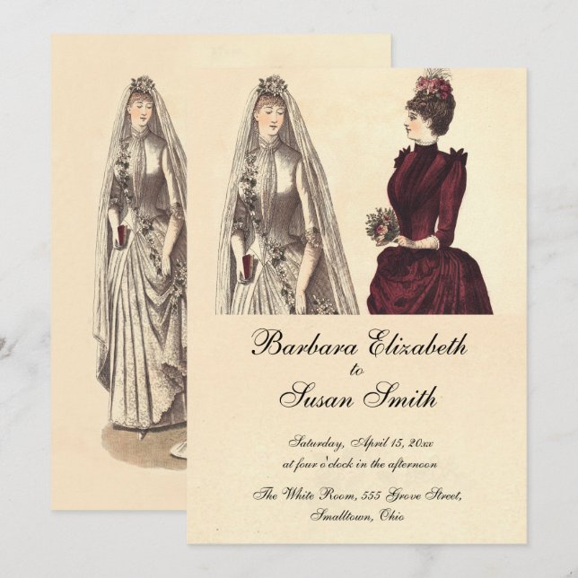 Två Brides Bröllop Vintage Inbjudningar (Fram/baksida)