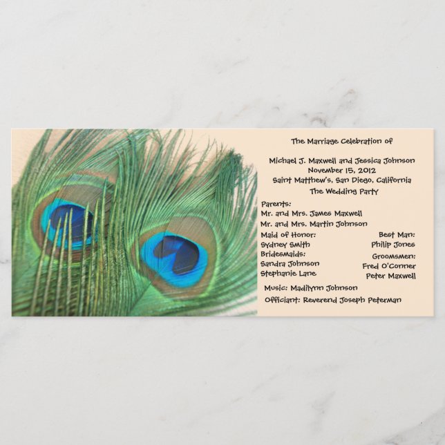Två Bröllopsprogram för golden Peacock Feathers Program (Framsida)