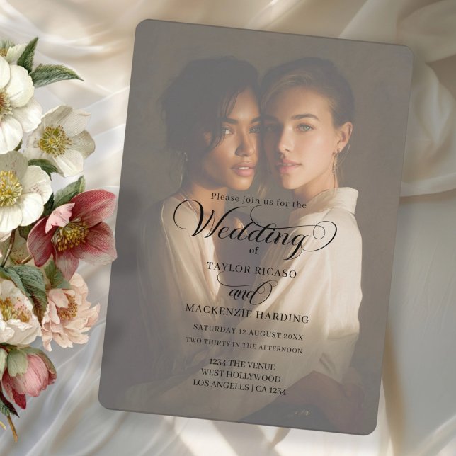Två Brudar Bröllops Foto Mall (Two Brides Wedding Photo Template invitation with elegant typography by Ricaso. Add photo and text)