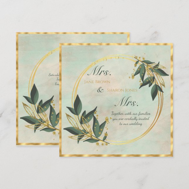 Två Brudar Lesbisk Akvarell Grönska Bröllopsinbjud Inbjudningar (Fram/baksida)