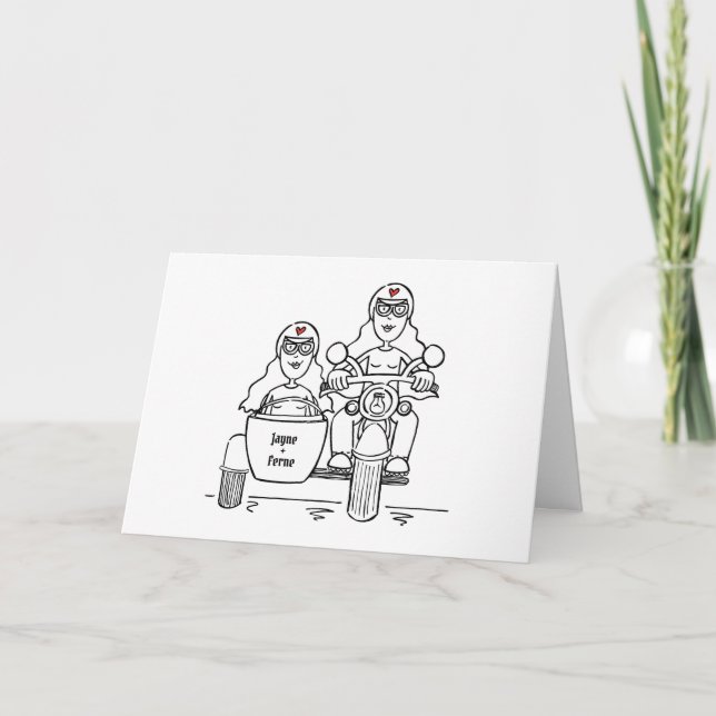 Två Brudar Motorcykel och Sidovagn Bröllop Kort (Framsida)