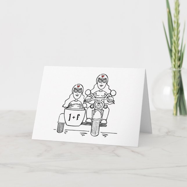 Två Brudar Motorcykel och Sidovagn Bröllop Kort (Framsida)