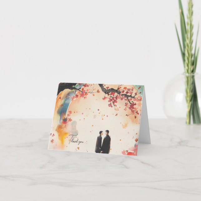 Två brudgummar digital konstutskrift tack kort (Framsida)