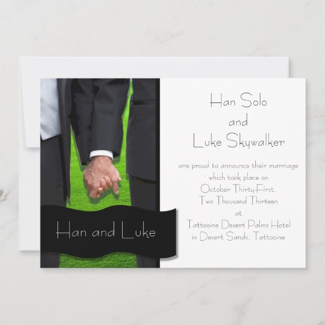 Två brudgummar gay bröllopsannonsering meddelande (Framsida)