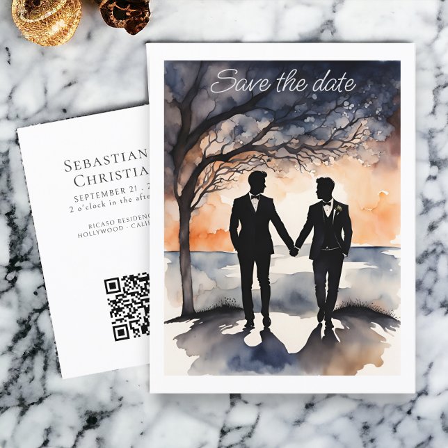 Två brudgummar gaybröllop spara datum meddelande vykort (Two Grooms Gay Wedding Save the Date Announcement Postcard from Ricaso. LGBT wedding products)