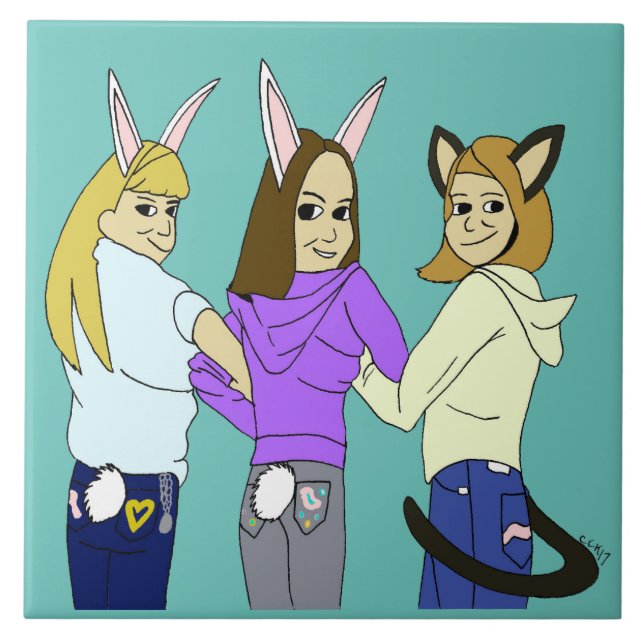 Två bunnier och kattunge kakelplatta (Framsidan)