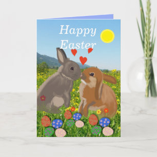 Två Bunnies Kissing i Flower Meadow Påsk Helgkort