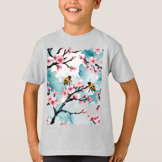 Två Busy bin och Rosa Cherry Blommar Grenar T Shirt (Framsida)
