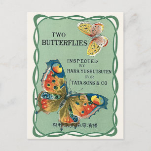Två Butterflies Vintage Japansk Silke-etikett Vykort