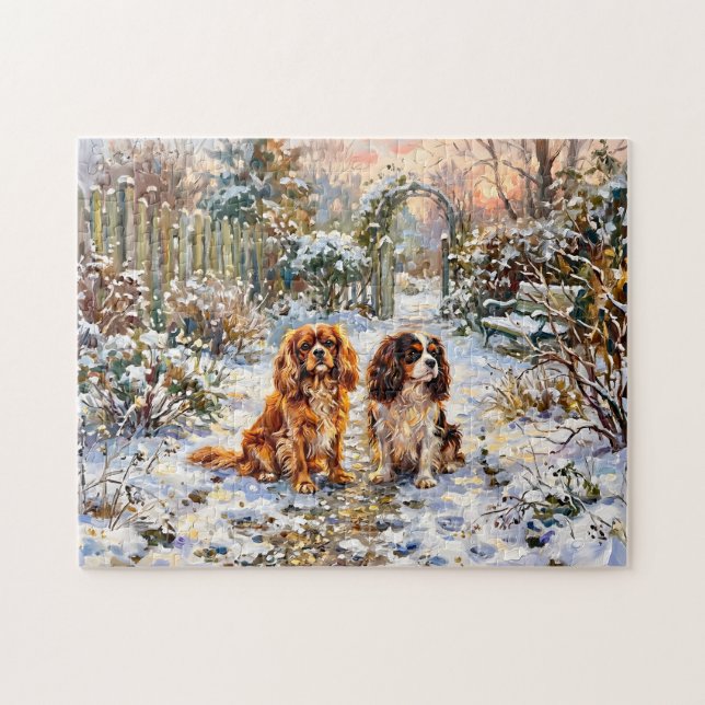 Två Cavalier Spaniels på vinterstig Pussel (Horisontell)