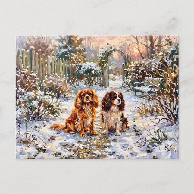 Två Cavalier Spaniels på vinterstig Vykort (Framsida)