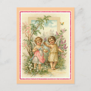 "Två Cherubs in a Garden"-Vintage Vykort