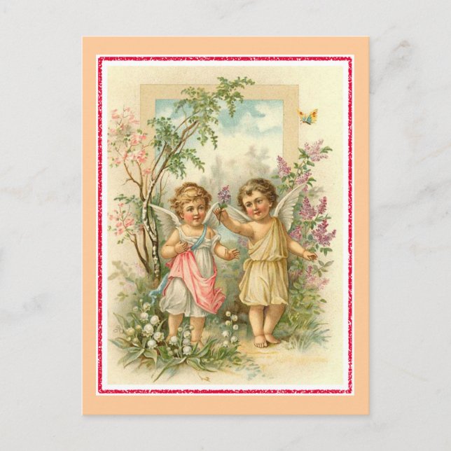 "Två Cherubs in a Garden"-Vintage Vykort (Framsida)