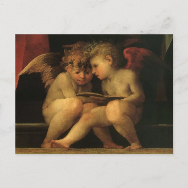 Två Cherubs Reading by Rosso Fiorentino, Änglar Vykort (Framsida)