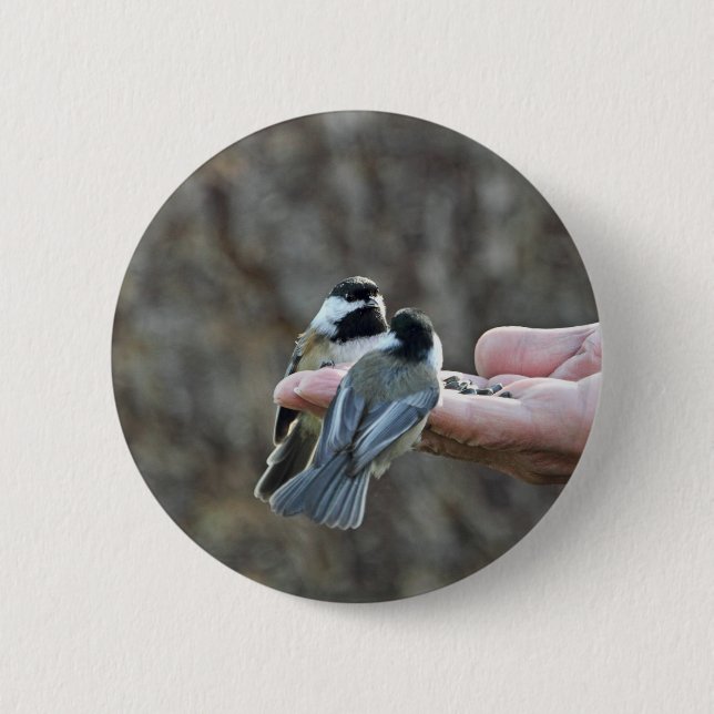 Två Chickadees på en räcka Knapp (Framsida)