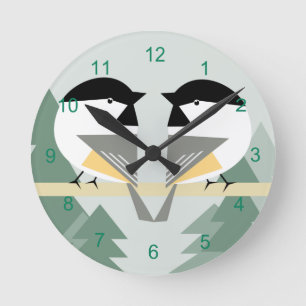 Två Chickadees Round Clock Rund Klocka