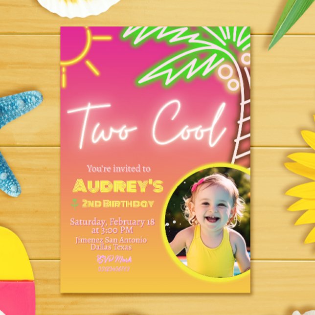 Två cool neon-poolparty inbjudan med foto (Two Cool Neon Pool Party Invitation with Photo)