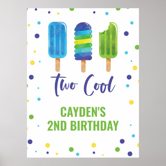 Två coola 2-års födelsedag Is Pop Blå Grön Poster (Framsidan)