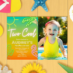 Två coola neon-poolparty-inbjudningar med foto inbjudningar