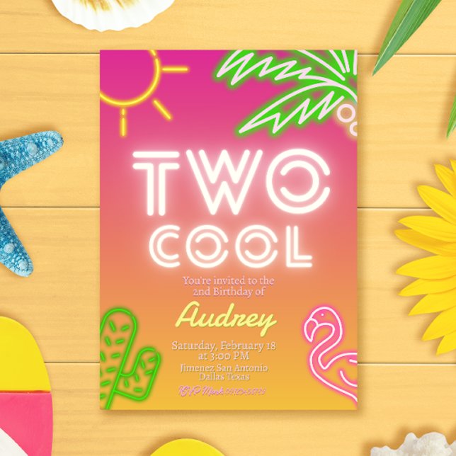 Två Coola Tropiska Rosa Neon Pool Party Inbjudningar (Two Cool Tropical Pink Neon Pool Party Invitation)