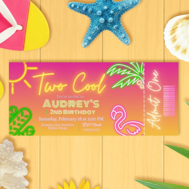 Två coola tropiska rosa neon poolparty-biljetter inbjudningar (Two Cool Tropical Pink Neon Pool Party Ticket Invitation)
