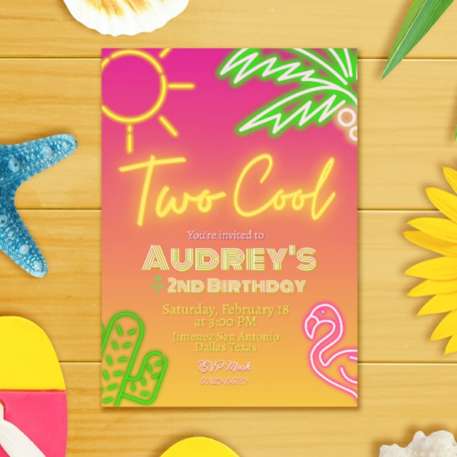 Två coola tropiska rosa neon poolparty inbjudan (Two Cool Tropical Pink Neon Pool Party Invitation)