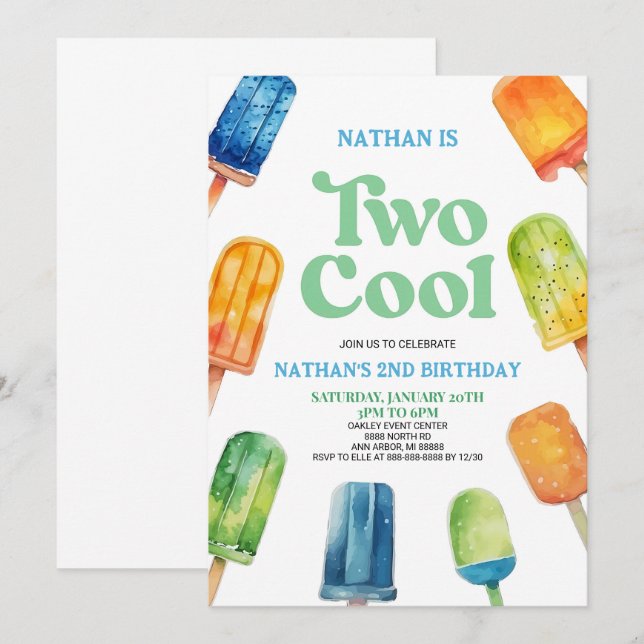 Två Coolor 2:a andra Födelsedagsfest inbjudan (Fram/baksida)