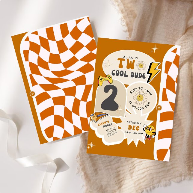 Två Coolor | Boys 2:a Retro-kontrollerad födelseda Inbjudningar (Skapare uppladdad)