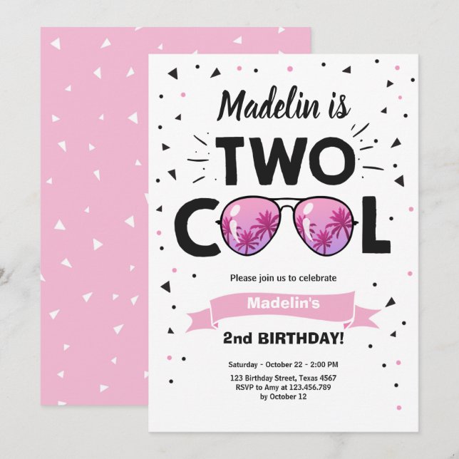 Två Coolor Sunglass Girl 2 Birthday Invit Inbjudningar (Fram/baksida)