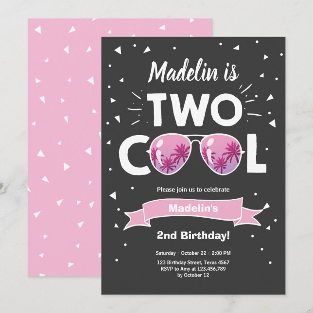 Två Coolor Sunglass Girl 2 Birthday Invit Inbjudningar (Fram/baksida)