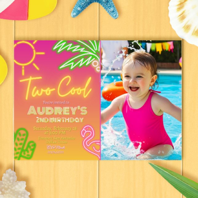 Två Coolors Neon Bassäng Party-inbjudan med foto Inbjudningar (Two Cool Neon Pool Party Landscape Invitation with Photo Picture
)