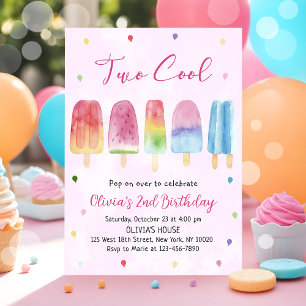 Två Coolors Rosa Popsicle Girl Födelsedagsfest Inbjudningar