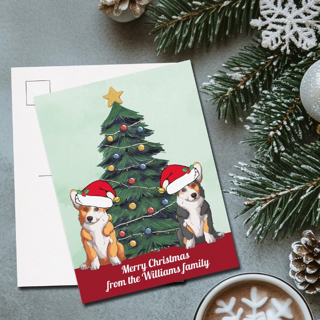 Två Corgi Julgran Cute Hundar i Santa Hat Vykort (Skapare uppladdad)