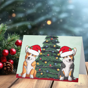 Två Corgi Julgran Hund Santa Hat Cute Helgkort