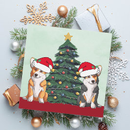 Två Corgi Julgran Hund Santa Hat Cute Julkort