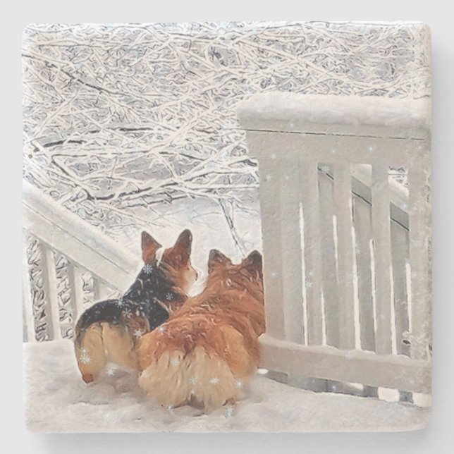 Två Corgis i vinter Stenunderlägg (Framsidan)