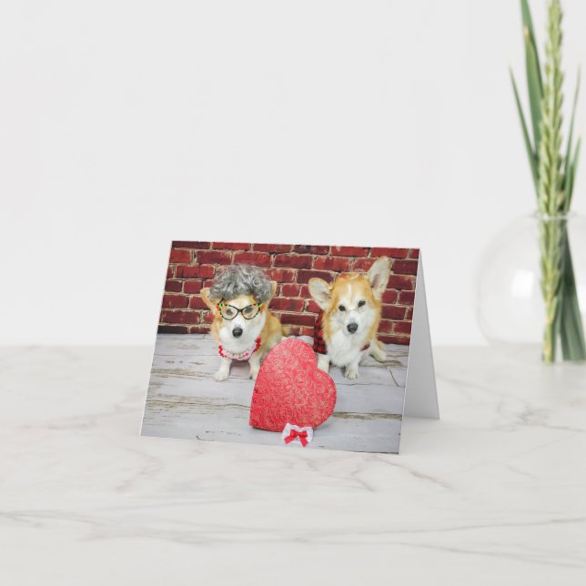Två Corgis med hjärtans godis kort (Framsida)