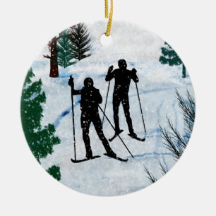 Två crossa country Skiers Julgransprydnad Keramik