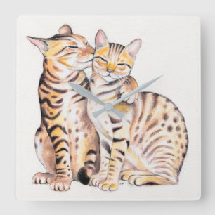 Två Cute Bengal Cats Watercolor art Fyrkantig Klocka