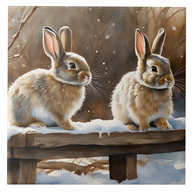 Två Cute Bunny-kaniner på en bench i Snö Kakelplatta (Framsidan)