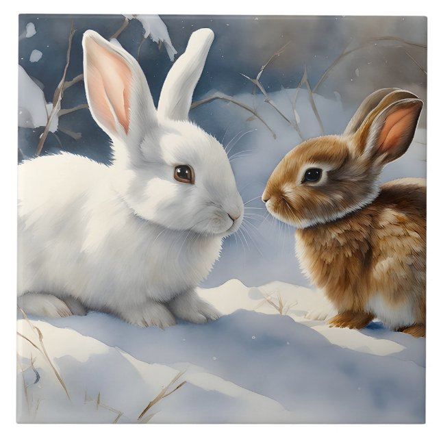 Två Cute Bunny Rabbits Brown och White i Snö Kakelplatta (Framsidan)